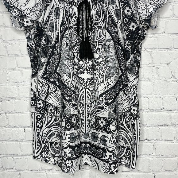 One World Black & White Flowy Boho Lightweight Smocked Off Shoulder Neckline M - Picture 3 of 8